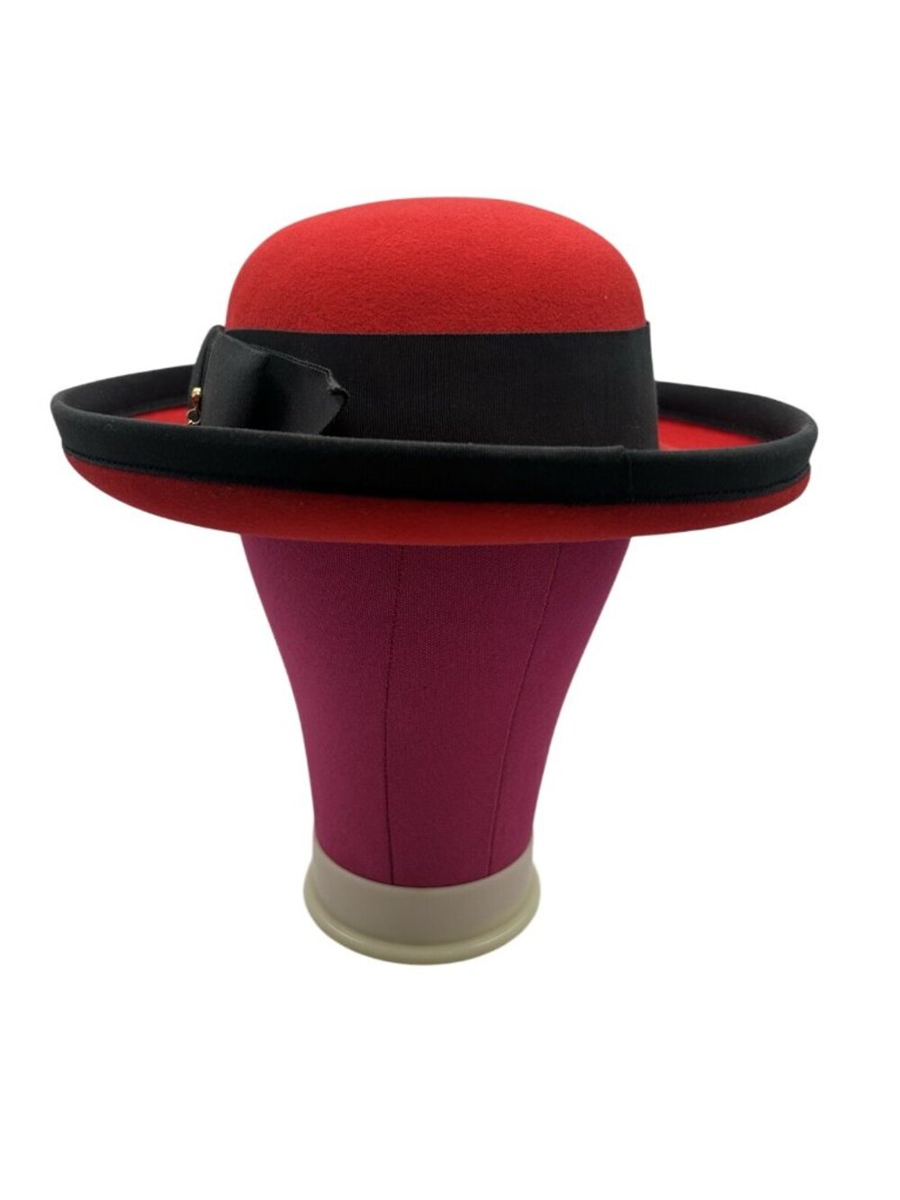 Vintage Adolfo II Red Wool Felt Hat Black Bow Heart Charm USA Excello Chic Style - Picture 13 of 16